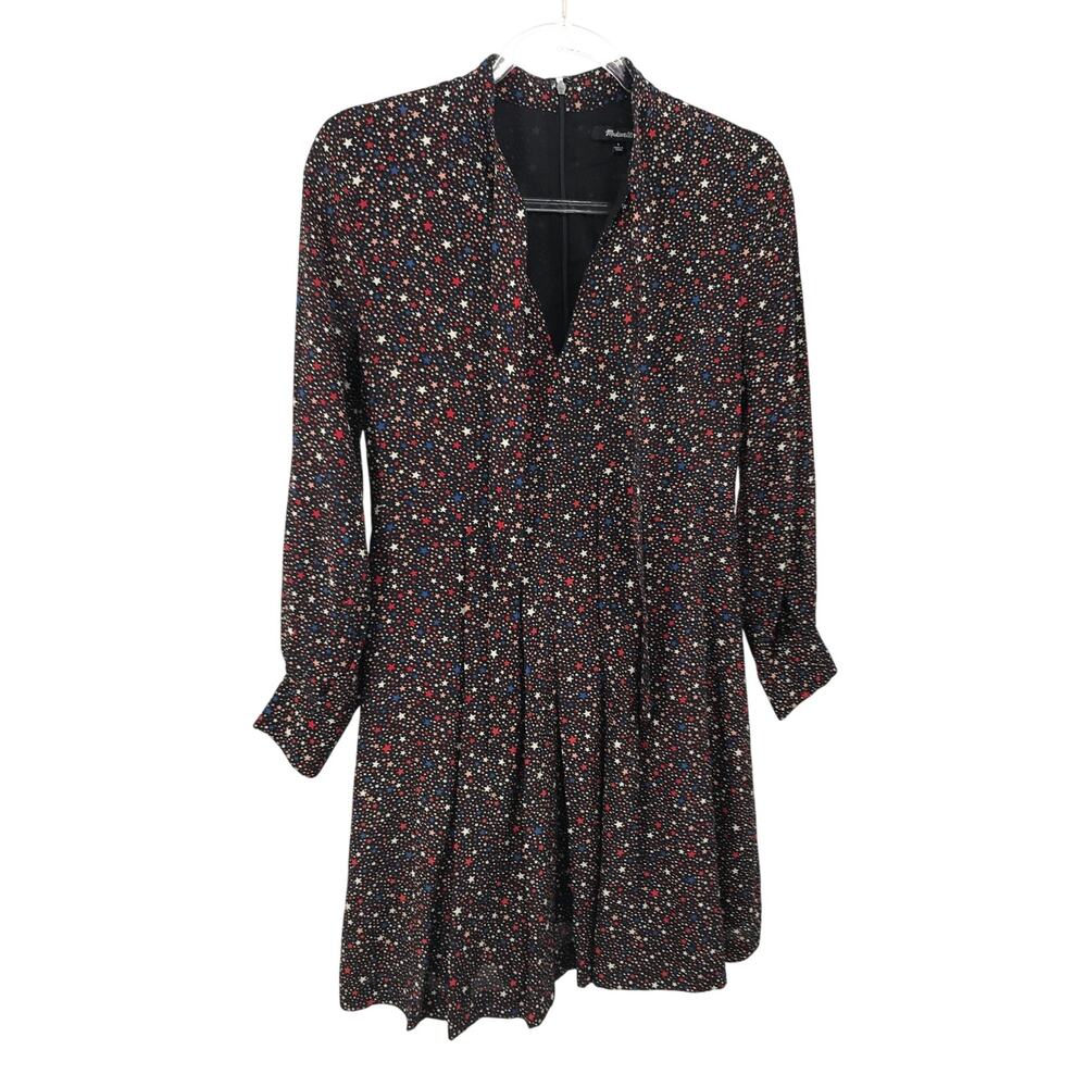 Madewell Balsam Tie Neck A-Line Dress Womens 0 Silk Starry Nights Long Sleeve